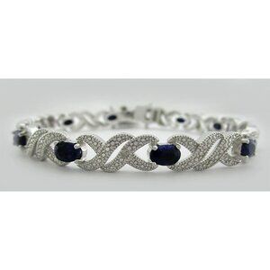 Genuine 6.40 Cts Blue Sapphire & Diamond Bracelet 14k White Gold Plated